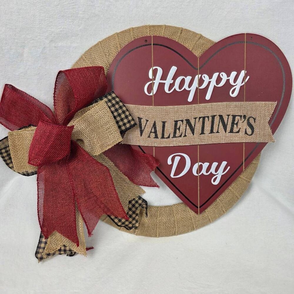 Happy Valentine's Day Heart Sign Burlap Wreath Red Bow Wooden Door Hanger Decor